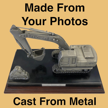 teichert excavator construction award plaque model mounted on custom marble base with personalized engraving