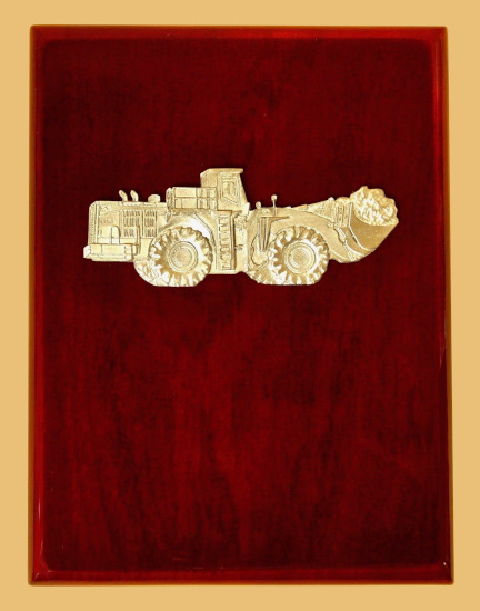 Award plaque for miners with heavy equipment bucket scoop
