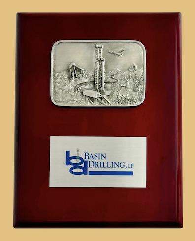 Oilfield award plaque with oil well drill rig derrick recognition gift