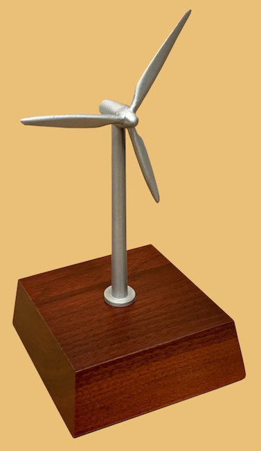 Wind farm clean renewable energy gift trophy desktop pewter model on cherry plaque.